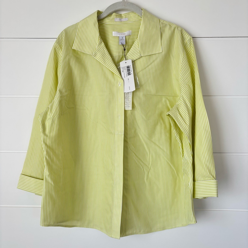 Chico's Button Down Striped 100% Cotton Top with 3/4 Sleeve XL